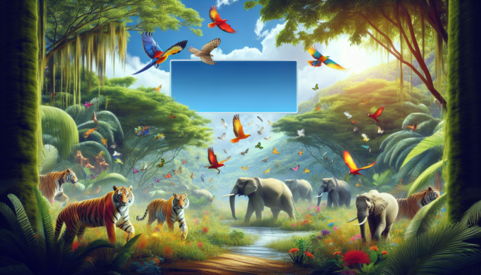 Exotic wildlife including tigers, elephants, and birds in a lush, tropical setting at Myrtle Beach Safari.