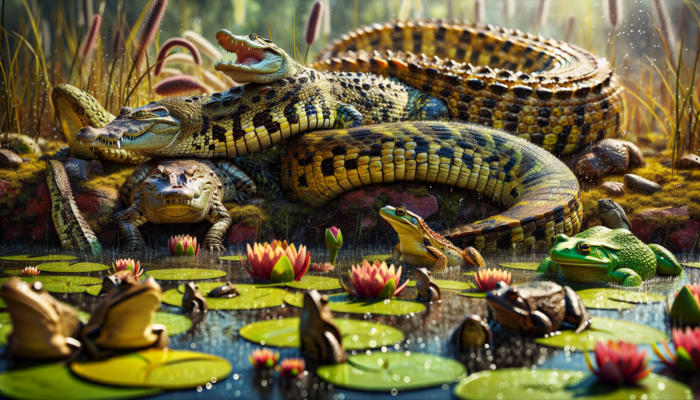 A vibrant scene at Myrtle Beach Safari with reptiles and amphibians in naturalistic habitats, educational displays on ecology and conservation.