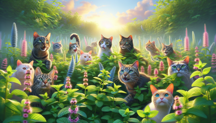 Cats frolicking joyfully among catnip plants in a serene garden, bathed in golden light.