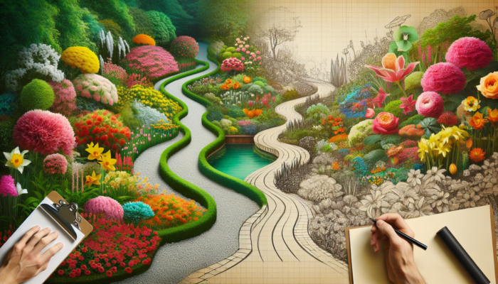 A lush garden with vibrant flowers, elegant pathways, and a serene pond, embodying a paradise-like space.