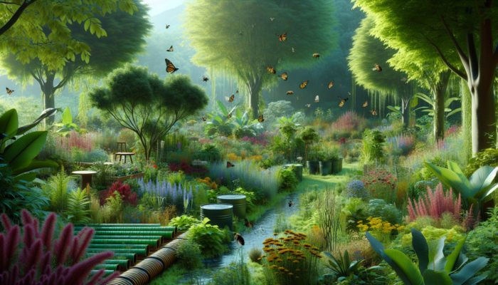 A vibrant garden with native plants, bees, butterflies, and a rainwater harvesting system amidst lush greenery.
