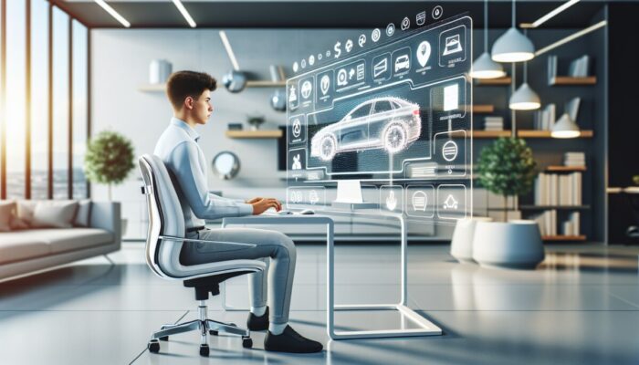 Young driver using computer to view car rental website with step-by-step guide, car options, and prices.
