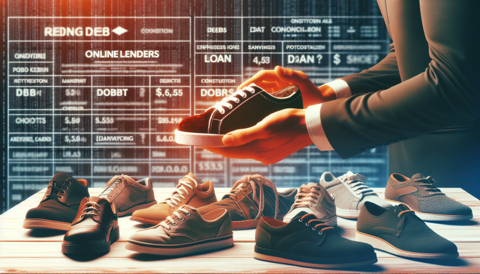 Online Lenders For Debt Consolidation Loans: The Ultimate Guide | DCL Online Lenders For Debt Consolidation Loans: A person choosing shoes, symbolising selecting online lenders, with financial charts and loan documents in the background.