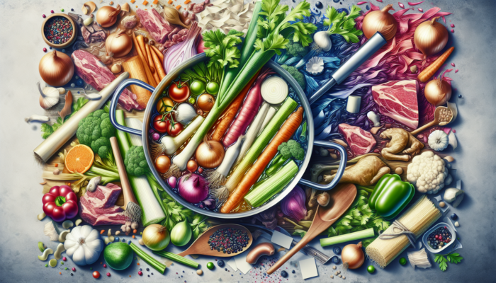 Fresh vegetable scraps and meat bones simmering in a pot to create rich, flavorful stock.