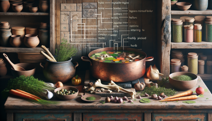 A pot simmering with vegetable scraps and bones, surrounded by herbs and a guidebook on making stock.