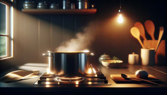 A pot simmering golden stock on a stove, steam rising, filling the kitchen with a rich aroma.