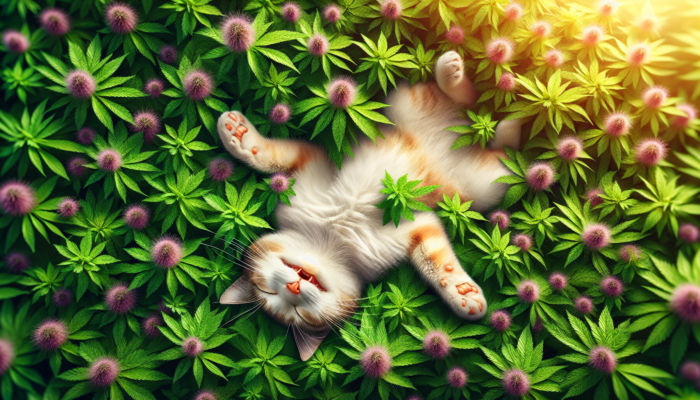 A joyful cat rolling in a lush field of catnip grass with vibrant green leaves and tiny purple flowers.