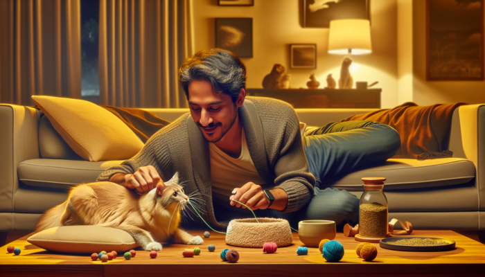 A person and cat playing with catnip toys in a cozy living room, enhancing their bond.