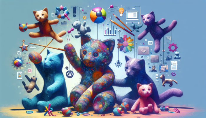 Cats playing with colorful artisanal catnip bears, surrounded by social media and pet blogs.