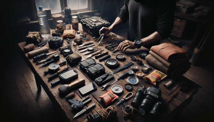Surviving a Grid Failure: A person organizing survival gear in a dimly lit room, with a checklist and emergency plan on a table.