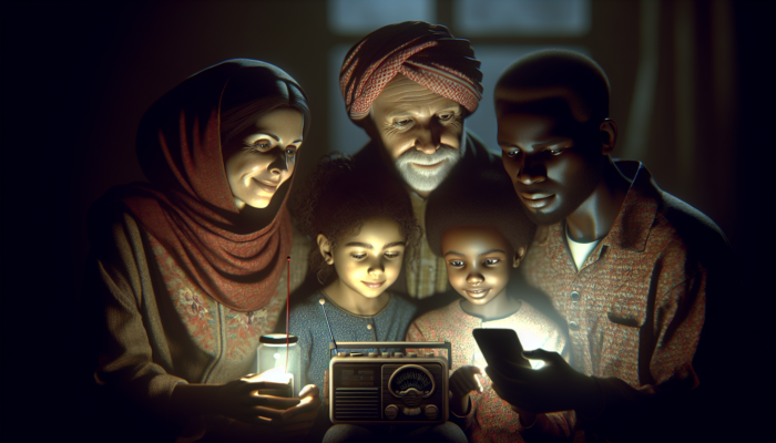 Family using a battery-powered radio and smartphone for emergency communication during a grid failure.