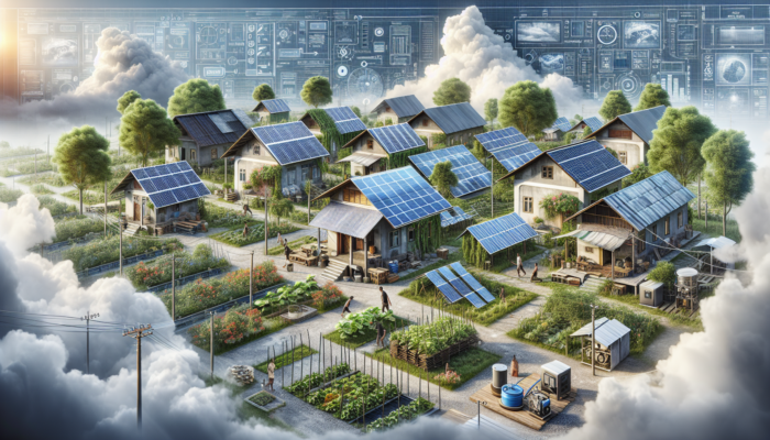 Rural community using solar panels, shared generators, gardens, and wells during grid failure under cloudy sky.