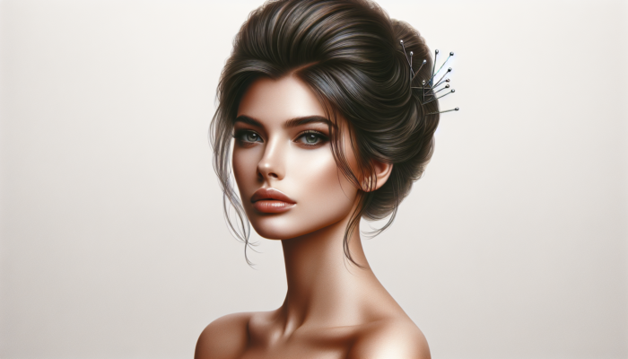 Elegant woman with sophisticated updo, secured by color-matched bobby pins in 'X' formation, finished with strong-hold hairspray.