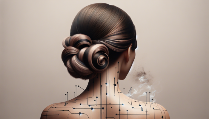 Sleek twisted bun at nape, secured with bobby pins, finished with hairspray.