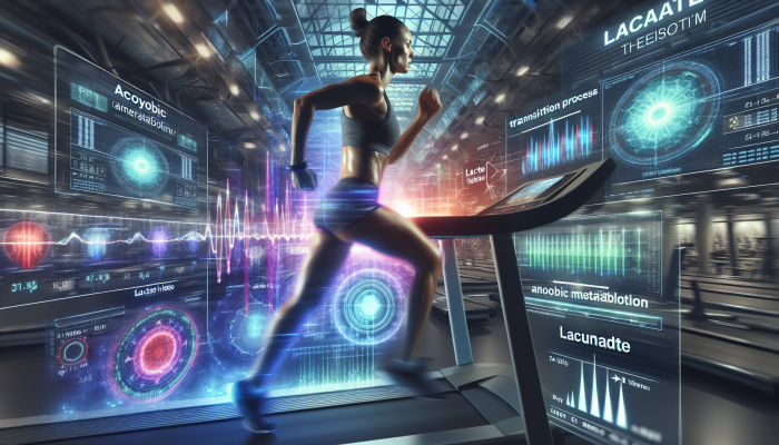 Lactate Test Results: Athlete running on treadmill in high-tech gym, monitors showing lactate levels and aerobic to anaerobic transition.