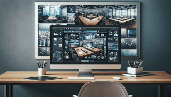 A computer displaying Google Business Photos, surrounded by business interior and exterior images, with a checklist and planning documents.