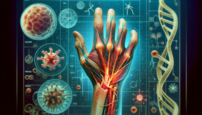 Anatomical cross-section of wrist showing inflamed tendons and compressed nerves in carpal tunnel.