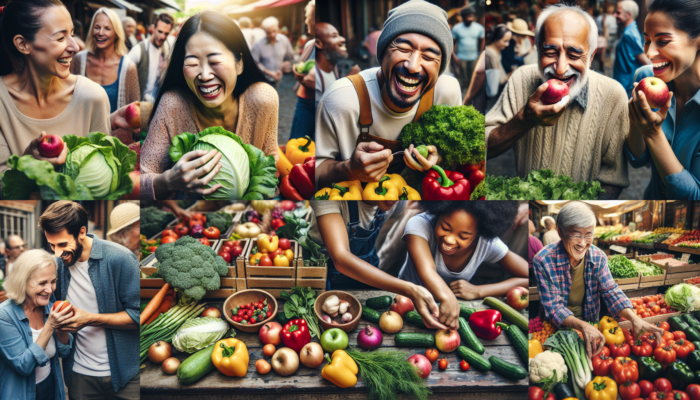Hyper-Local Ingredient Recipes: A vibrant farmer's market scene with colorful local produce on rustic tables, enjoyed by diverse people.