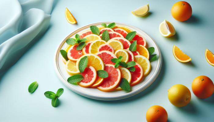 A vibrant citrus salad with oranges, lemons, grapefruits, and mint on a white plate, pastel blue background.