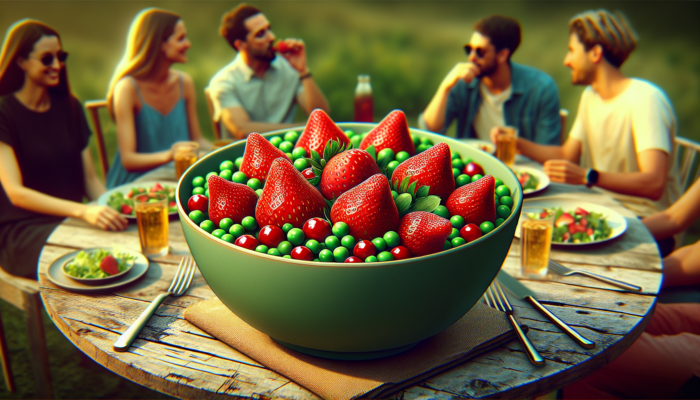 A vibrant salad with strawberries and peas, dressed in vinaigrette, on a rustic table with friends outdoors in May.