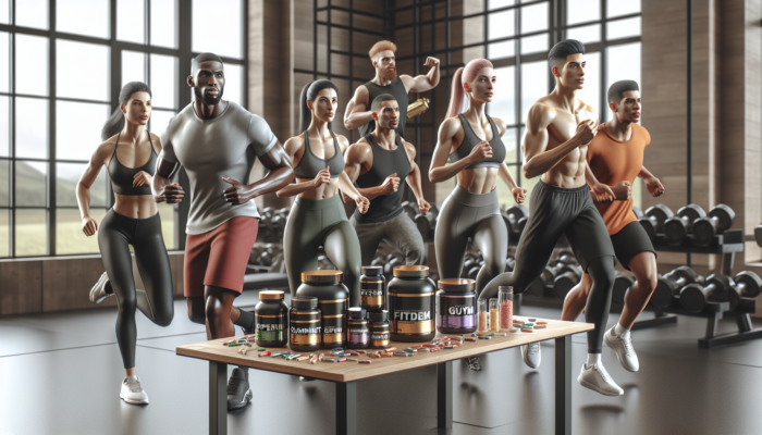 Supplements for Gym Beginners: Diverse new gym enthusiasts taking supplements, surrounded by bottles of vitamins and protein powders, enhancing their fitness journey.
