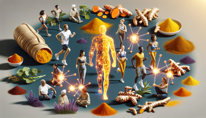 Herbs for Peer-Reviewed Benefits: Turmeric roots and powder with curcumin molecules reducing inflammation in a human body, surrounded by healthy, active people.