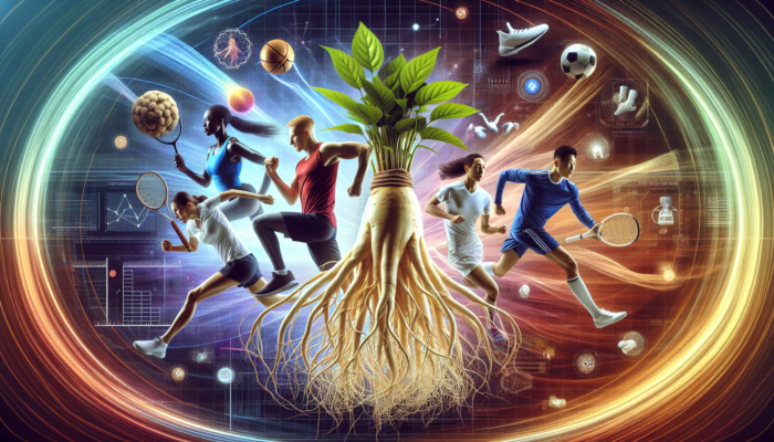 A glowing ginseng root with athletes in motion, symbolising enhanced stamina and reduced fatigue.