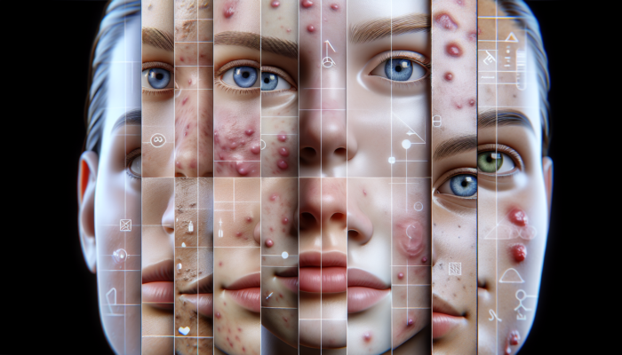 Herbs for Acne-Prone Skin: Close-up of diverse faces with varying acne severity, clinical background, diagrams of acne causes and skin types.