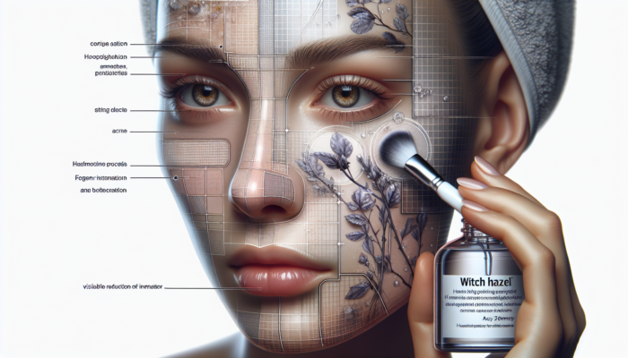 A person applying herbal toner with witch hazel to face, reducing inflammation and pore size for acne management.