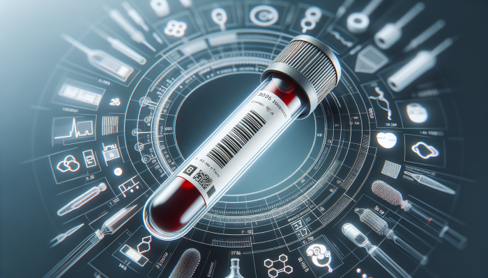 A close-up of a precisely labeled blood sample tube with clear text and barcode, symbolising patient safety in healthcare.