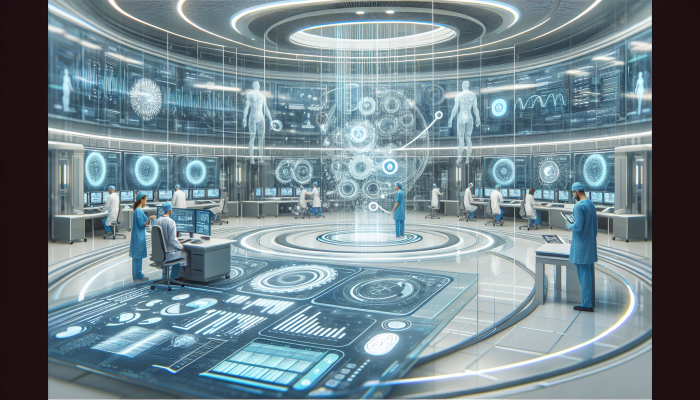 A futuristic hospital with advanced technology enhancing patient care and efficiency, reducing errors and administrative tasks.