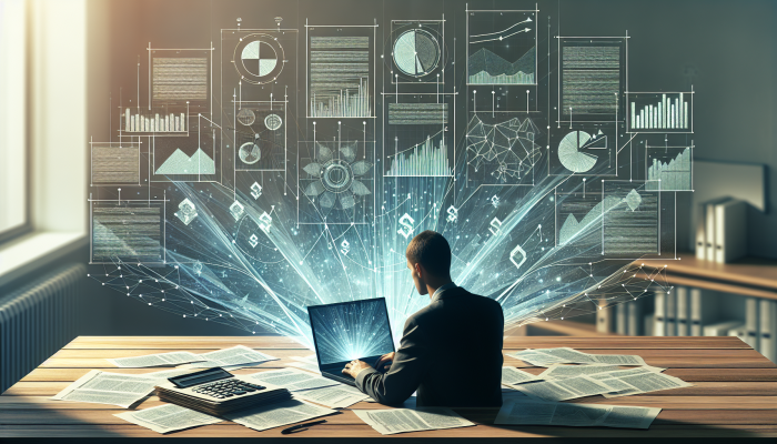 Debt Consolidation Calculators for Effective Financial Management | DCL Person using a laptop with debt consolidation calculators, surrounded by financial documents and graphs, showing savings from debt consolidation.
