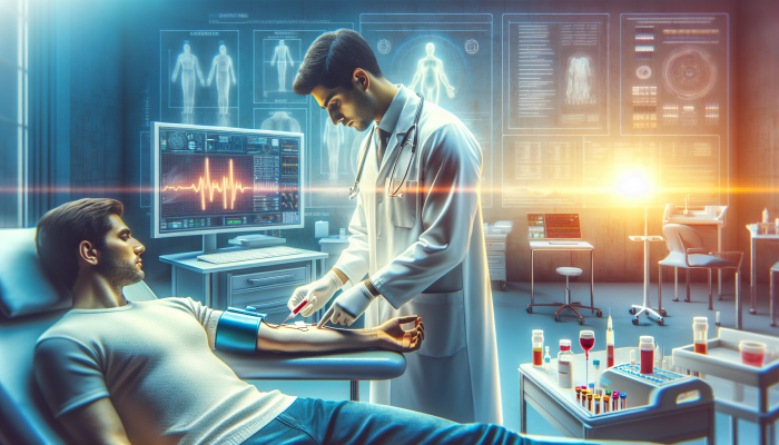 A phlebotomist drawing blood safely from a patient in a sterile medical environment.