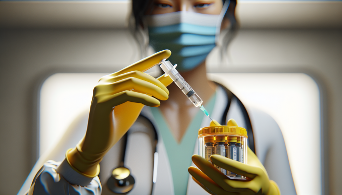 A healthcare worker disposing a used needle into a yellow sharps container in a clinical setting.