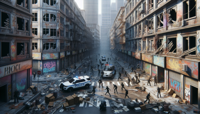 A dystopian cityscape depicting rampant crime, broken windows, graffiti, and looting, symbolising societal collapse.