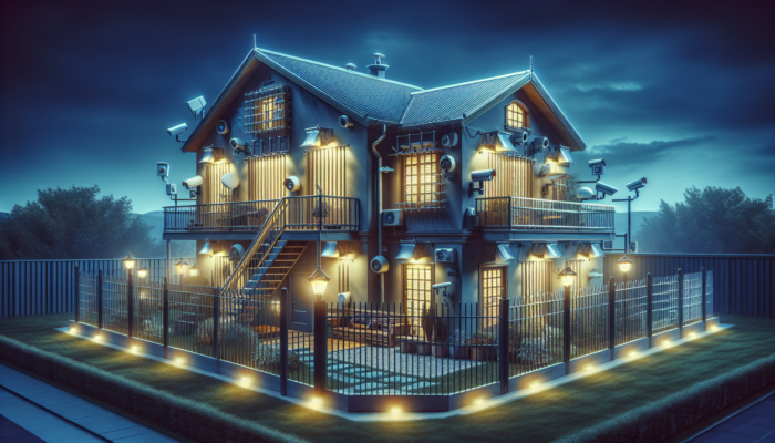 A fortified home at dusk with enhanced security features, providing safety amidst chaos.