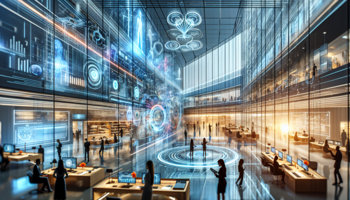 Surviving a Chemical Spill: A futuristic communication hub with interactive screens and holographic contact forms in a modern office.