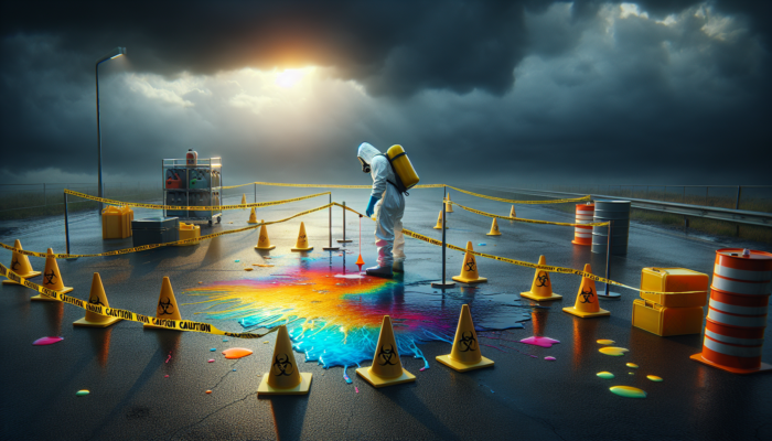 Hazmat-suited figure setting up caution tape and cones around chemical spill under cloudy sky.