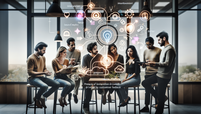 A diverse group of people giving feedback on a digital interface, with developers analyzing data and refining product design in a modern office.