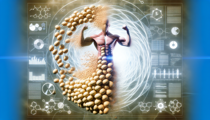 Plant-Based Protein Powders: Soybeans transforming into a muscular athlete, surrounded by amino acid molecules, symbolizing soy protein's power for muscle recovery and growth.