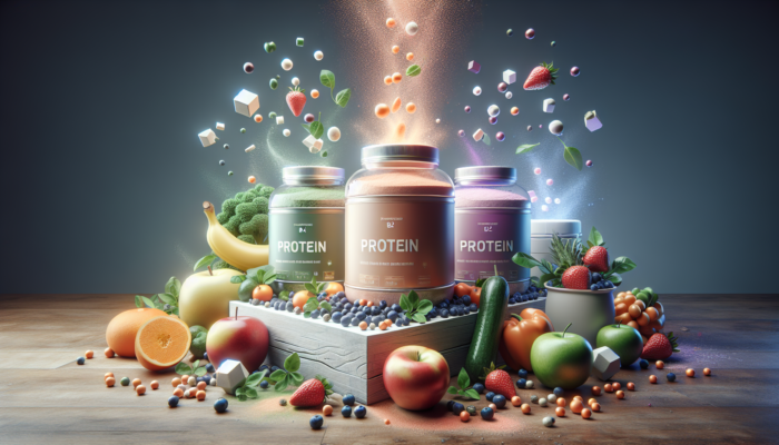 Plant-based protein powders with B12, surrounded by fresh fruits and vegetables, in a modern health setting.