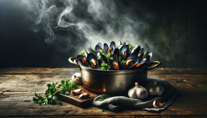 A steaming pot of mussels in white wine with garlic, shallots, and parsley on a rustic table.