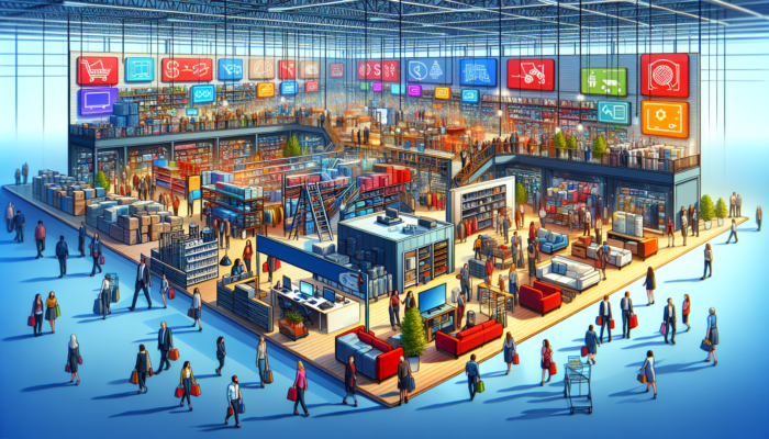 A busy warehouse showcasing clearance services for electronics, furniture, and clothing, with shoppers and vibrant signs.