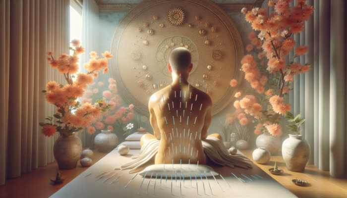 A serene acupuncture session with needles on a patient's back, surrounded by fertility symbols like blooming flowers.