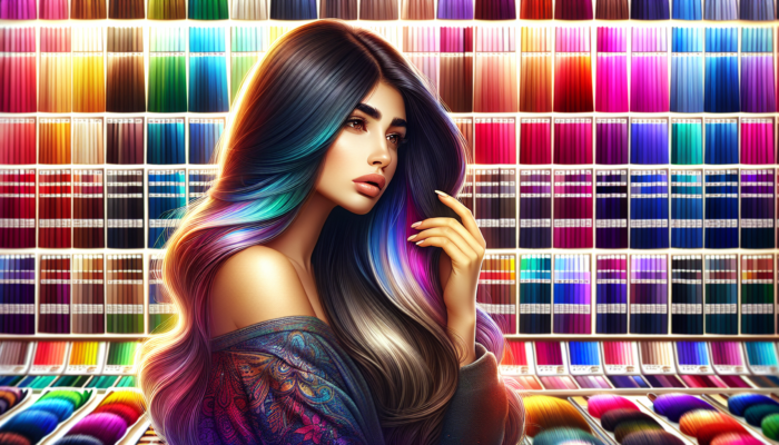 Woman with long hair choosing balayage color in a vibrant salon.