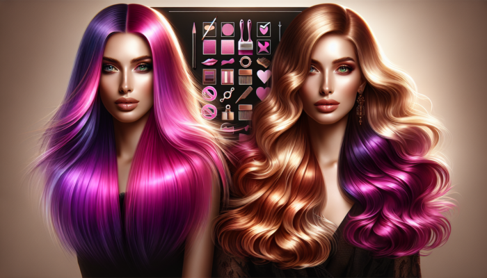 Woman with vibrant pink and purple balayage hair, another with elegant warm blonde and rich brown balayage.