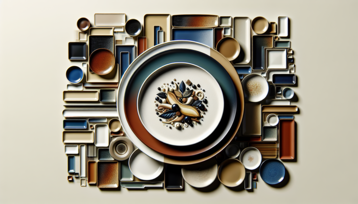 How To Make Food Look Gourmet At Home: A gourmet dish on a white round plate, surrounded by various colored and patterned plates.