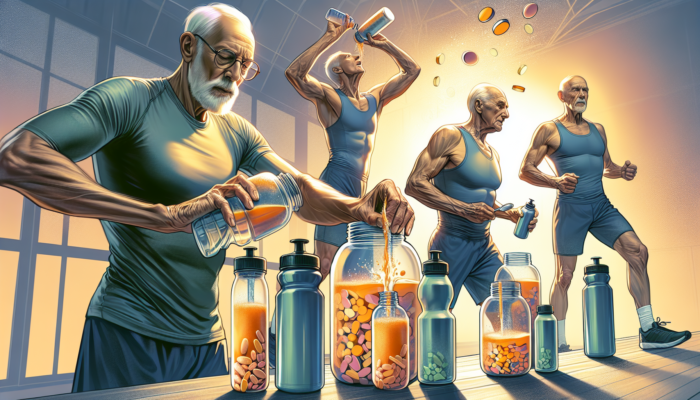 Elderly athletes using hydration supplements in powders and tablets to enhance hydration during sports.
