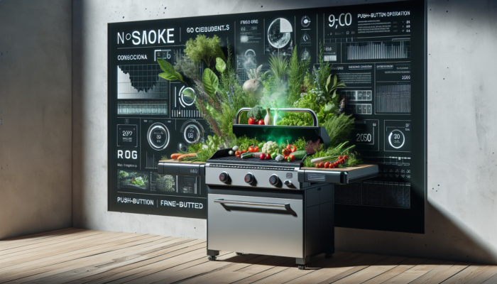 Top Eco-Friendly Grilling Techniques: Modern electric grill in eco-friendly kitchen, surrounded by vegetables and herbs, symbolizing sustainable cooking.