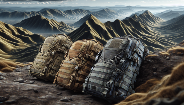 Tactical Backpack Features: Three tactical backpacks made from nylon, polyester, and Cordura, displayed in a rugged outdoor setting with mountains.
